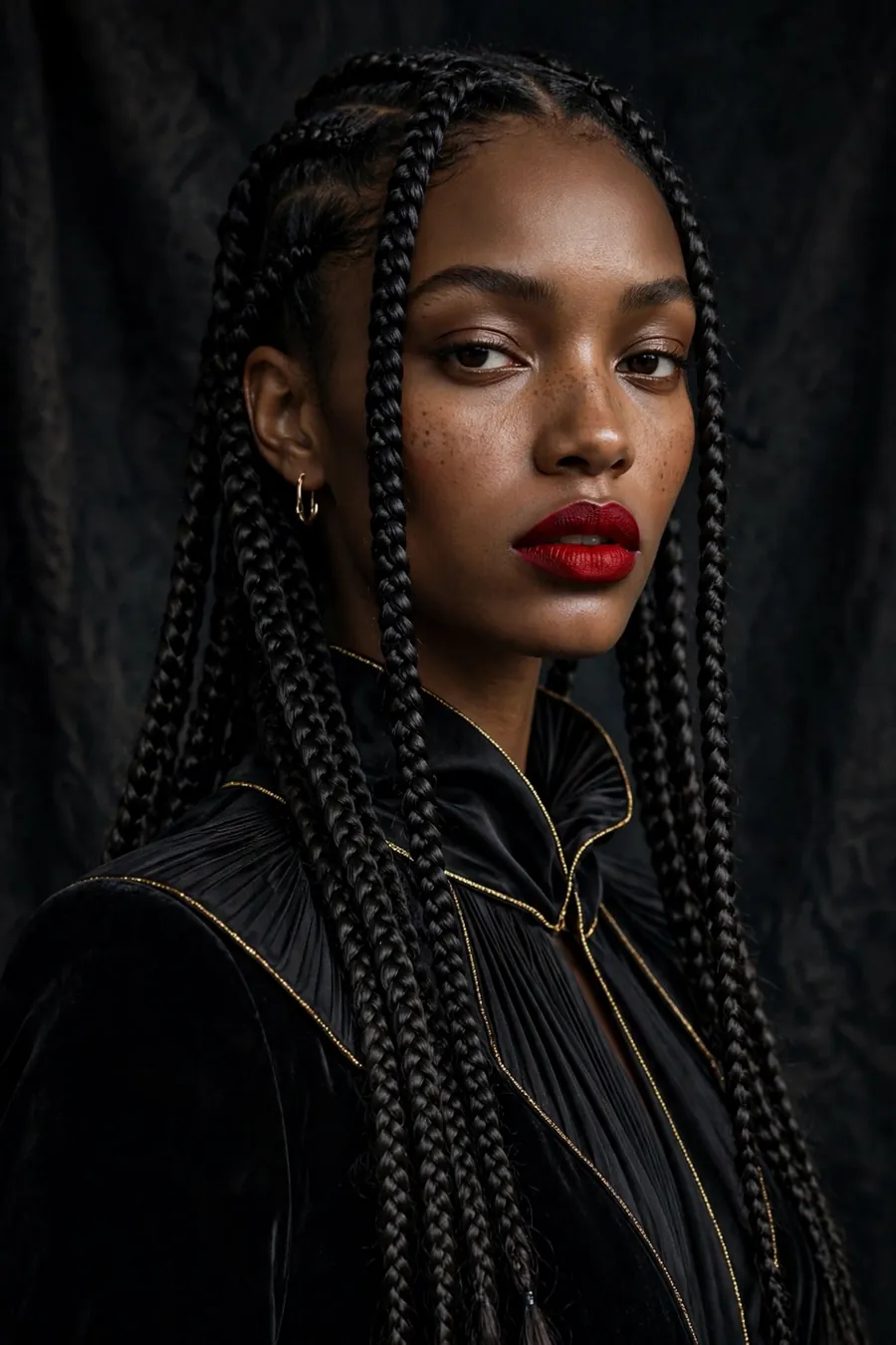 Editorial portrait of a model with long braids and a red lip